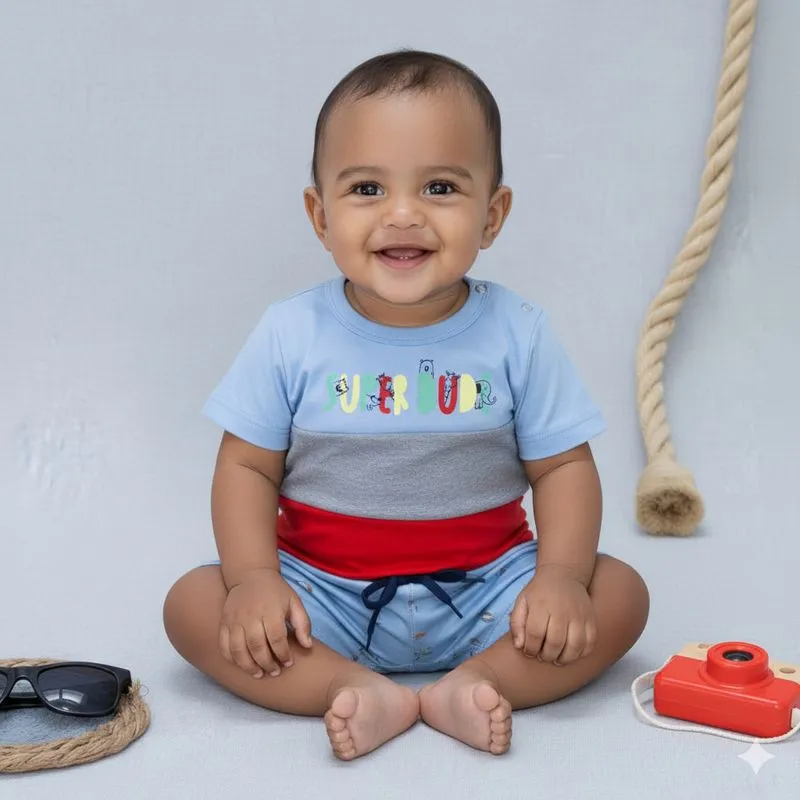 Conjunto Bebê Menino Verão Feliz Camiseta Estampada Bermuda