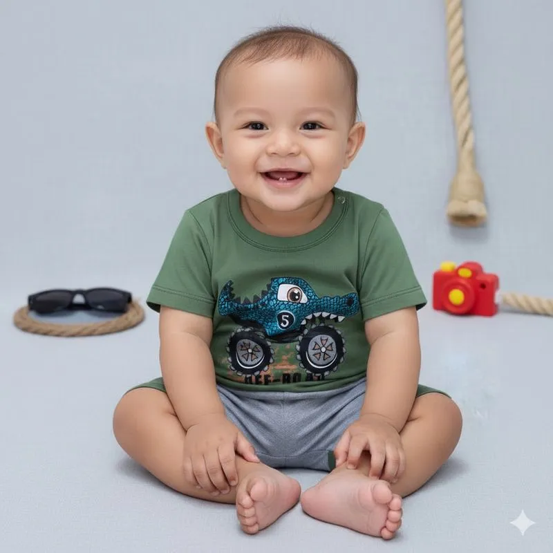 Conjunto Bebê Menino Verão Feliz Camiseta Estampada Bermuda