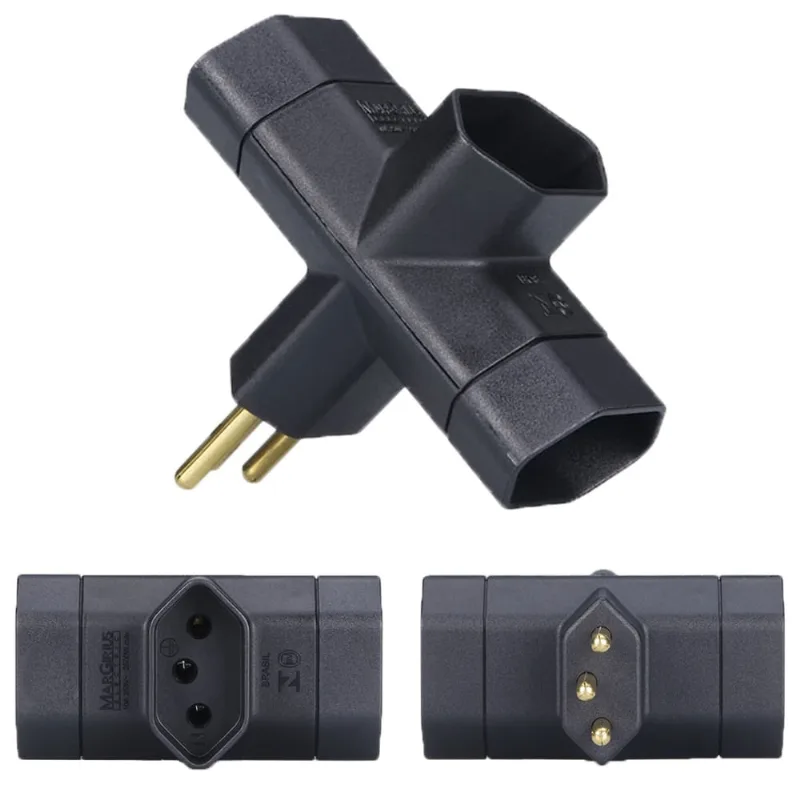 3 Adaptador Plug T Benjamim 3 Pinos 10a Preto Margirius