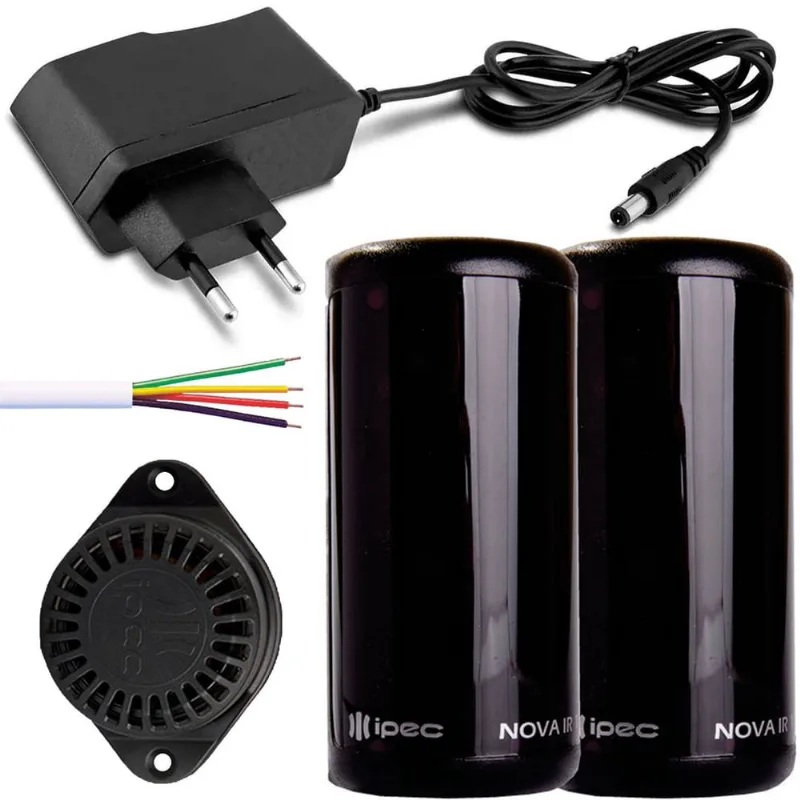 Sensor de Barreira Ativo Feixe Simples + Sirene + Fonte 12V 2A + Cabo Flexível 4 vias 30 metros