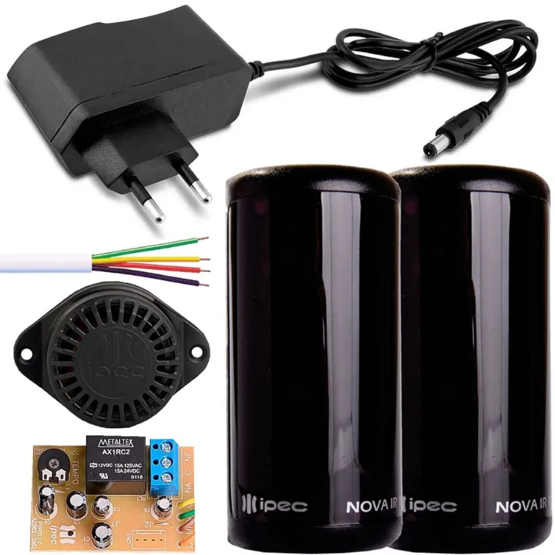 Sensor de Barreira Feixe Simples Sirene Temporizador Fonte 12v Cabo 4 Vias 30 Metros