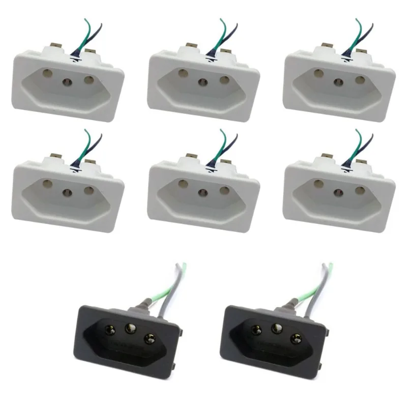 6 Tomada Painel 3 Pinos 10a Branca + 2 Tomada 20a Preta com Rabicho 150mm