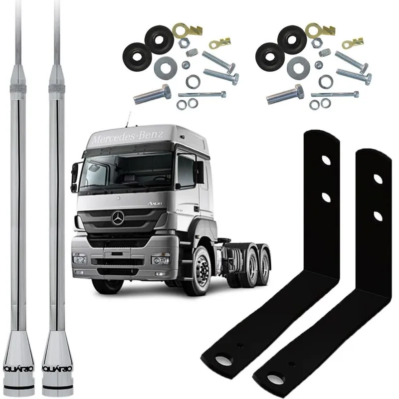 Antena Móvel Inox 2,70 metros Alongador 60cm Suporte Dianteiro Mercedes Benz Axor Kit Parafusos Anti-Furto