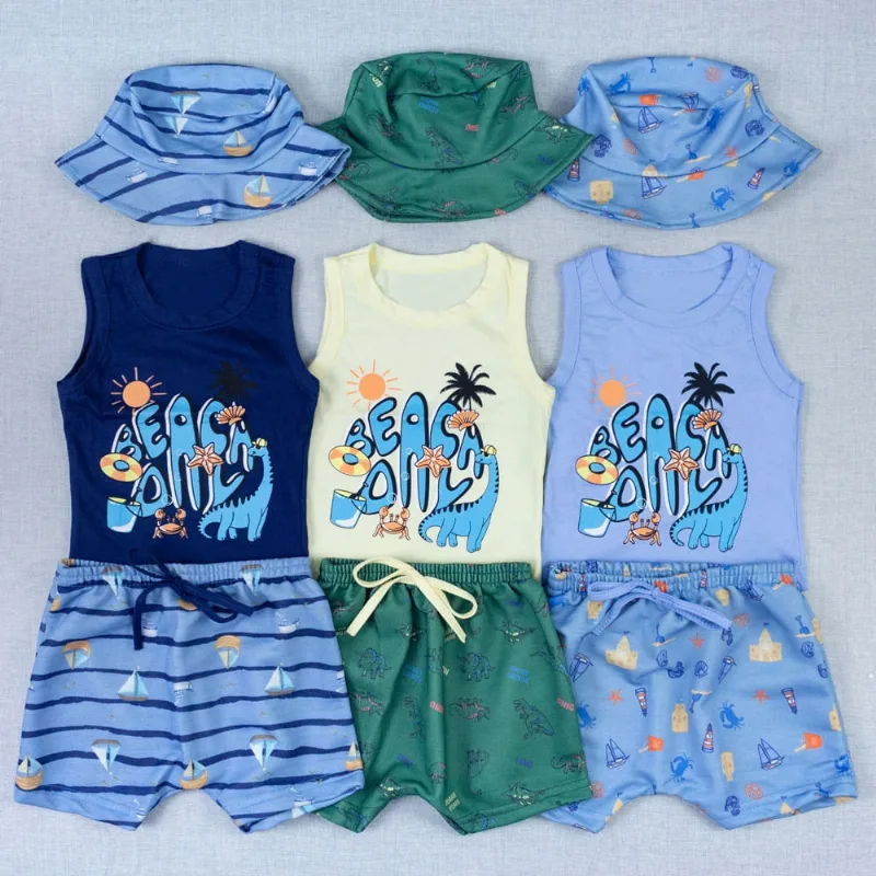Kit Verão Bebê Regata Estampada, Bermuda E Chapéu Bucket G / azulCL