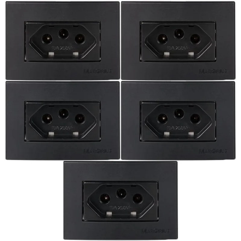 3 Tomada Embutir Móvel 3 Pinos 10a + 2 Tomada 3 Pinos 20a Preto Margirius