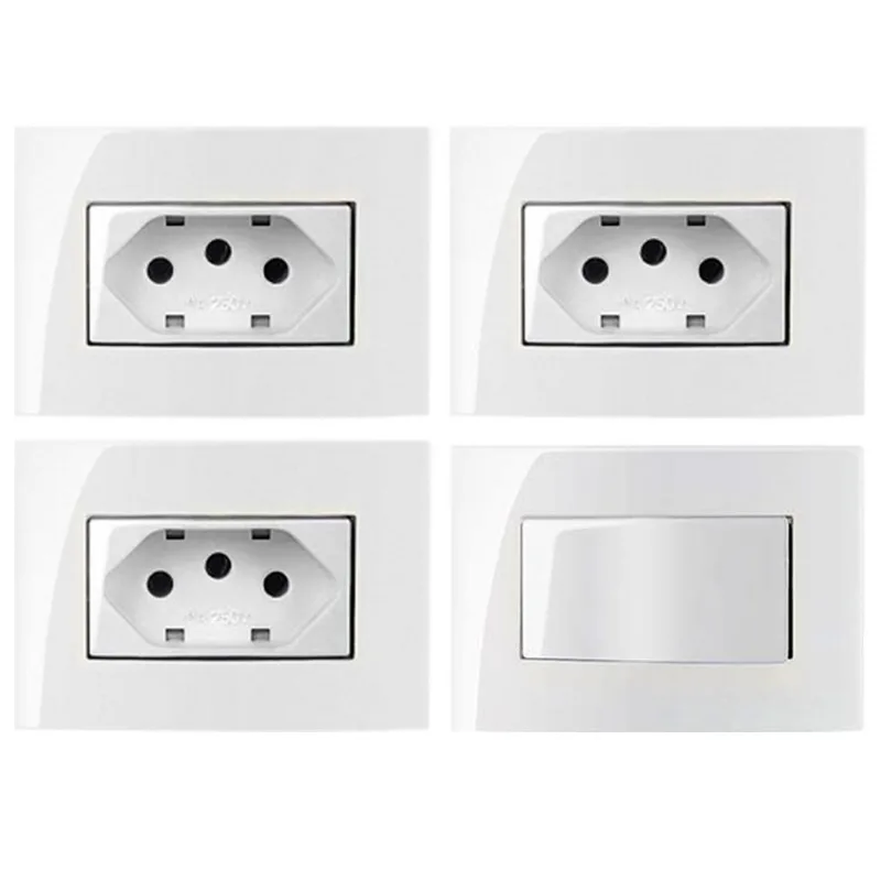 3 Tomada 3 Pinos 10a Embutir Móvel + Interruptor Paralelo Three Way Branco Sleek