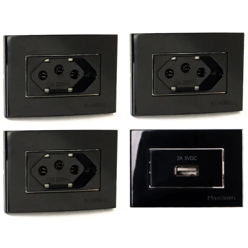 3 Tomada para Móvel Embutir 3 Pinos 20a + Tomada Usb 2a Preto