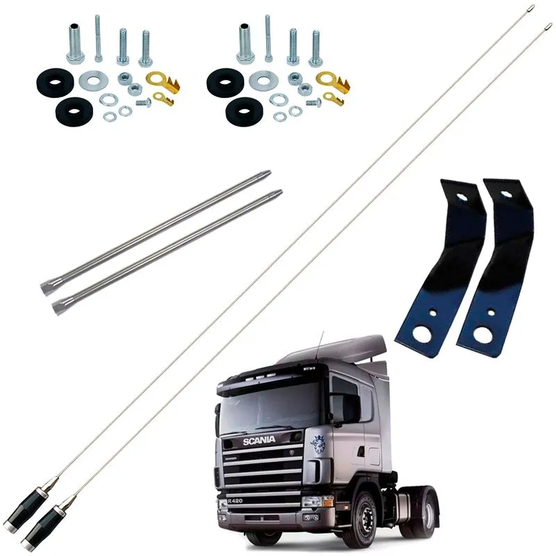 2 Antena Movel Px Inox Mini Maria Mole 1,40 Metros Alongador 25cm Suporte Dianteiro Scania 124r Parafusos Anti-furto