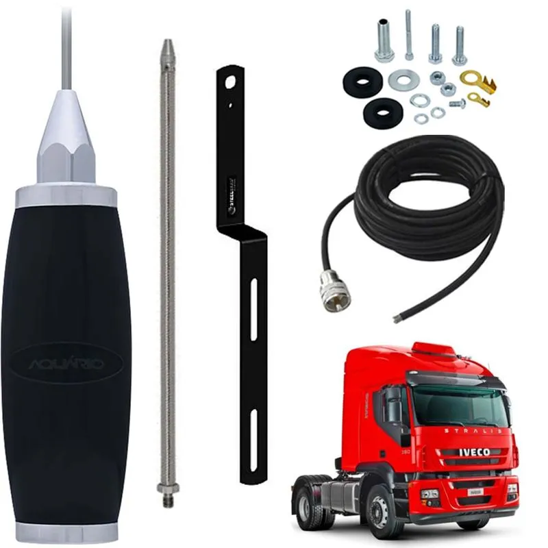 Antena Móvel Px 2,70 metros Alongador Inox 60cm Cabo 5,5 metros Suporte Traseiro Iveco Strallis