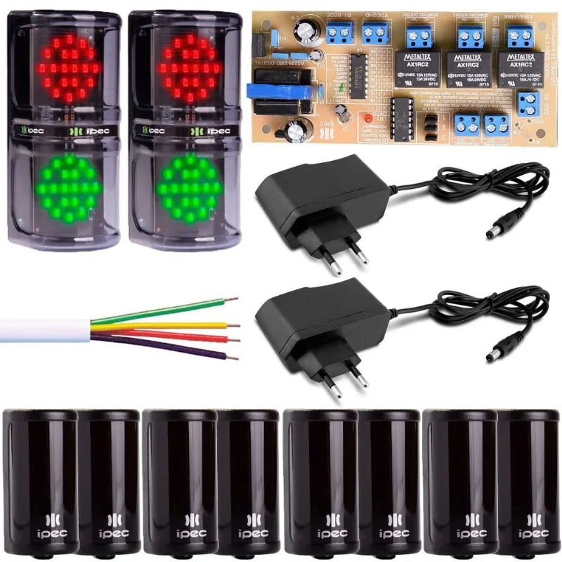 Kit Condomínio Semaforo LED Bivolt + Controlador 2 Níveis + Sensor Barreira Feixe Simples 30 metros + 100 mts Cabo 4 Vias + 2 Fonte 12V 3A
