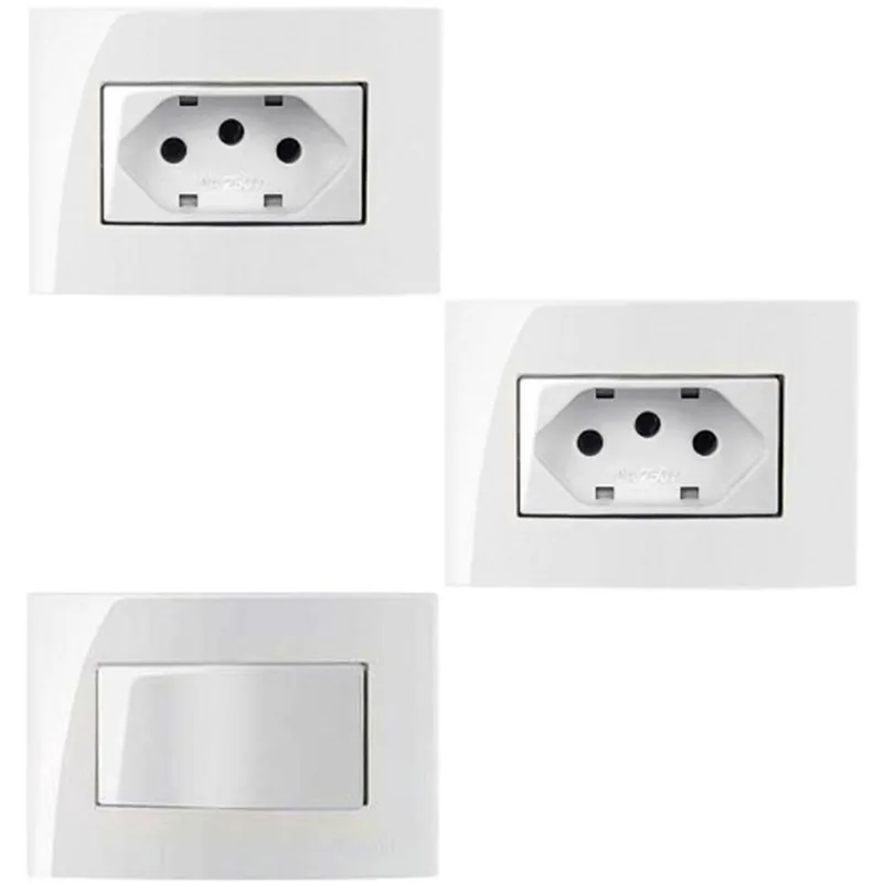 2 Tomada 3 Pinos + 1 Interruptor Simples Embutir Móvel Branco Margirius