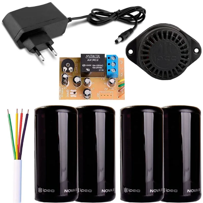 Sensor de Barreira Ativo Feixe Simples Sirene Temporizador Fonte 12V Cabo 4 Vias 60 metros