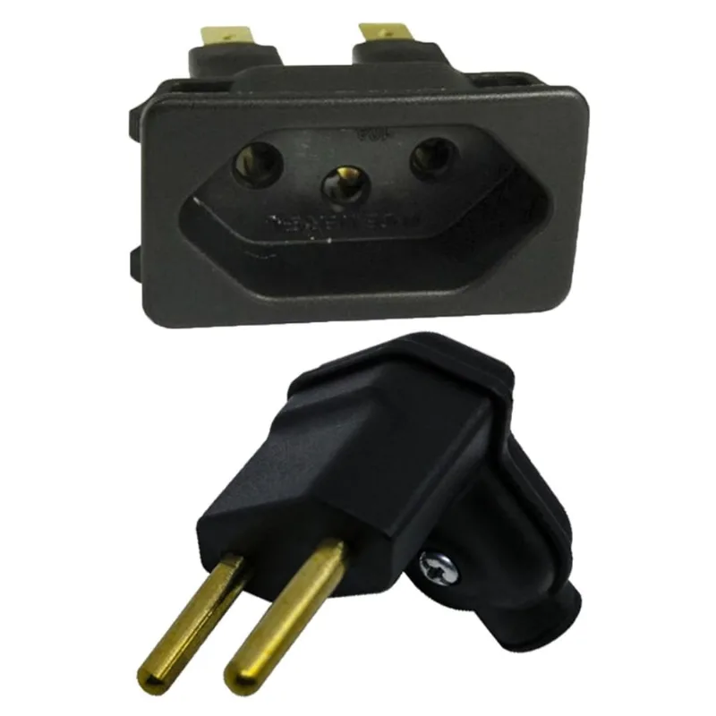 6 Plug Plugue Macho 2 Pinos 10a 90 Graus + 6 Tomada Painel Embutir Femea 3 Pinos 10a Preto