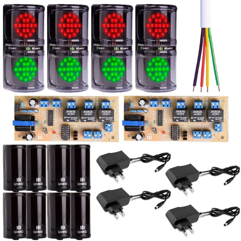 Kit Condominio 4 Semaforo de Led + 4 Sensor de Barreira + 2 Controlador + 4 Fonte 12V + 200 metros Cabo 4 Vias