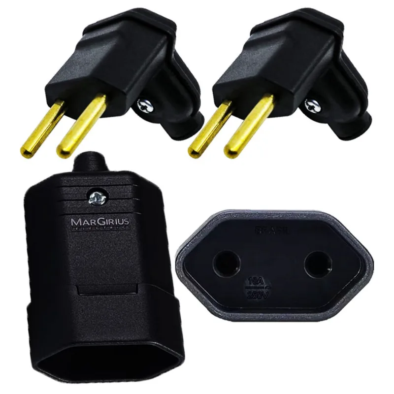2 Plug Plugue Macho 2 Pinos 90 Graus + 2 Tomada Femea 10a 180 Graus Preto Margirius