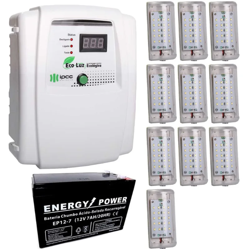 Kit Iluminação de Emergência Central Eco Luz + 10 Módulos Luz em Led + Bateria 12V 7ah