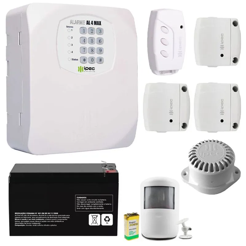Kit Alarme Residencial Comercial Al4 Max 4 Sensores Sem Fio Bateria 12v 7ah Sirene Controle Ipec