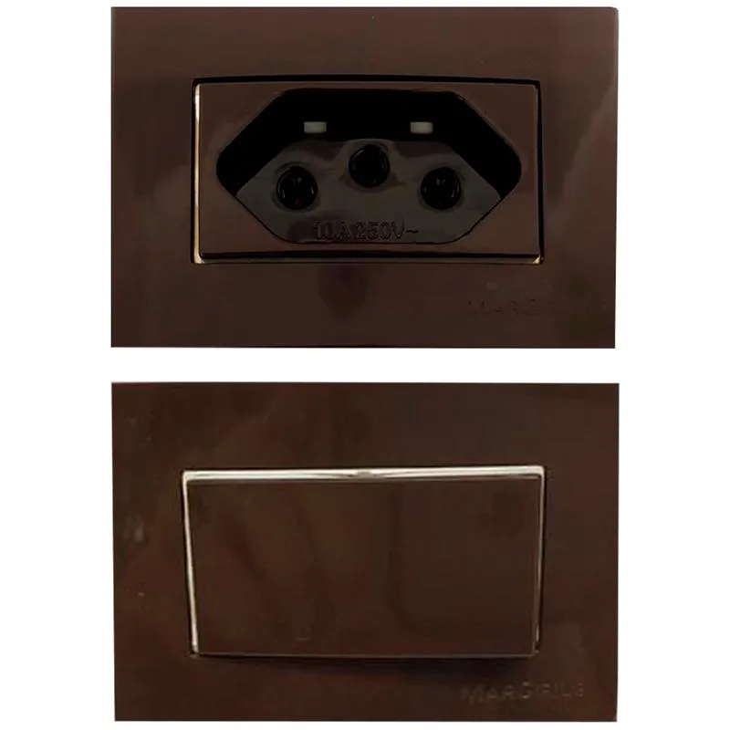 5 Tomada Movel Embutir 3 Pinos 10a + Interruptor Simples Marrom