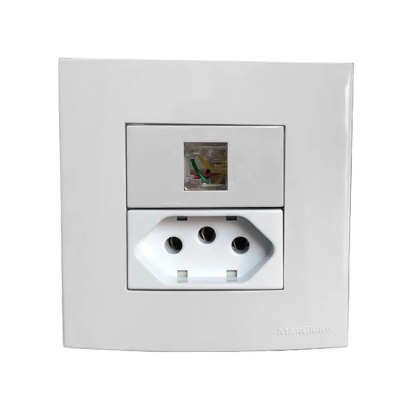 Tomada Dupla Móvel 3 Pinos 10a Telefone RJ11 4 Fios Gesso Drywall Marmore Granito Pedra Embutir Branco Margirius