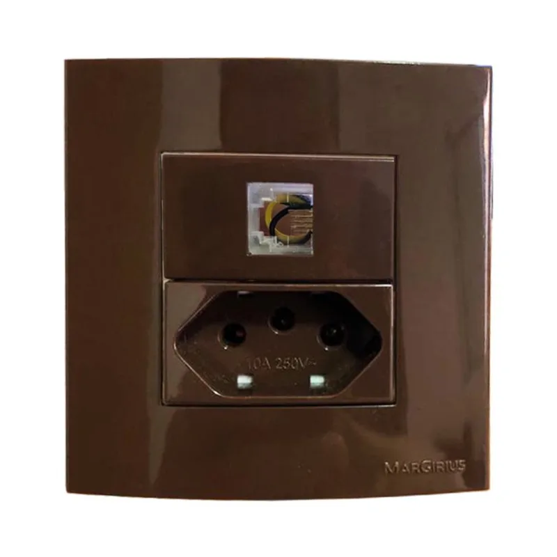 Tomada Dupla Móvel 3 Pinos 10a Telefone RJ11 4 Fios Gesso Drywall Marmore Granito Pedra Embutir Marrom Margirius