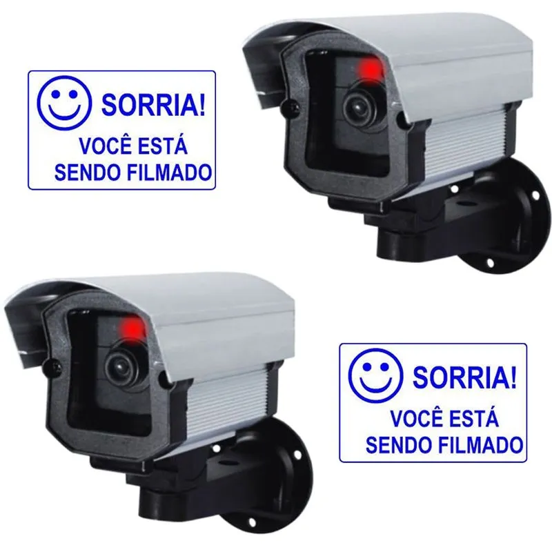 2 Camera De Seguranca Falsa Fake Com Led Bivolt + 2 Placa Sorria