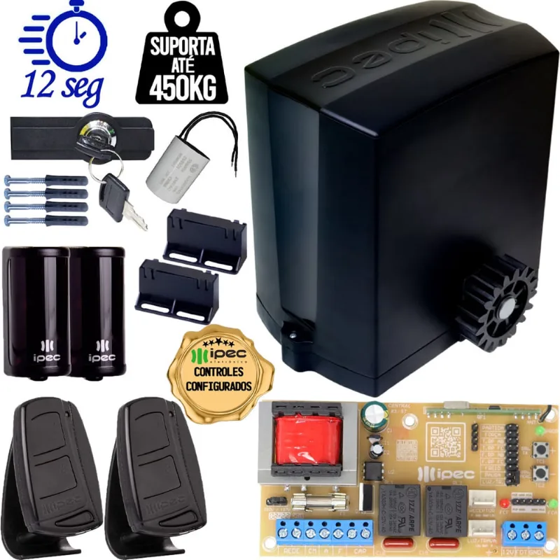 Motor Automatizador Portão Correr Deslizante dz 1/4 cv 450kg 220V 440W Controles Sensor Barreira Idealle Ipec