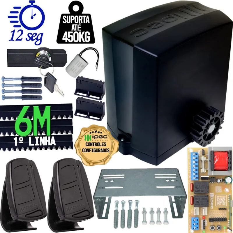 Motor Portão Correr Automatizador 1/4 cv Deslizante dz 450kg 300W 127V Base Fixar Cremalheira 6M Idealle Ipec