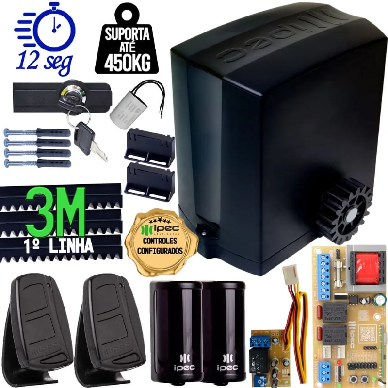 Motor Portão Correr Automatizador 1/4 cv Deslizante dz 450kg 300W 127V Base Fixação Cremalheira 3M Luz Garagem Sensor Barreira Idealle Ipec