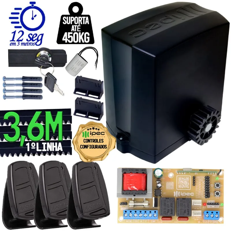 Motor Portão Correr Automatizador 1/4 cv Deslizante dz 450kg 440W 220V Controles Cremalheira 3,6m Ipec