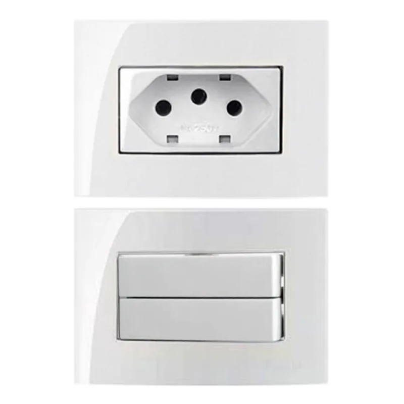 Tomada 3 Pinos 10a Branco + Interruptor Duplo Simples Embutir Móvel Margirius