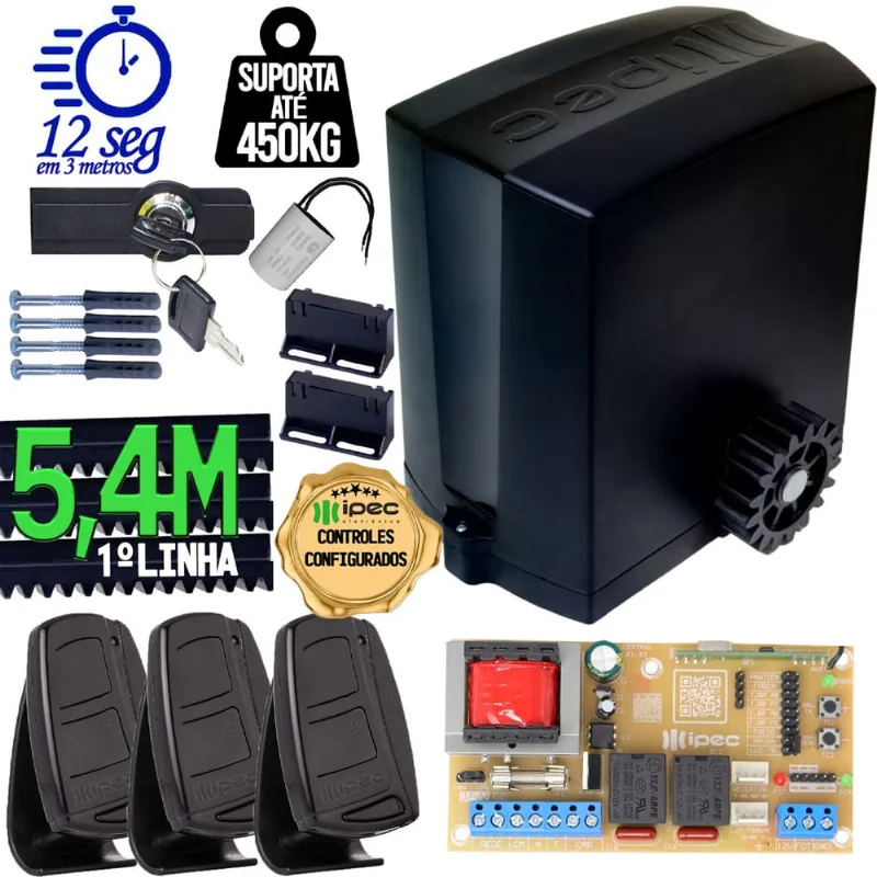 Motor Portão Correr Automatizador 1/4 cv Deslizante dz 450kg 300W 127V Controles Cremalheira 5,4m Ipec