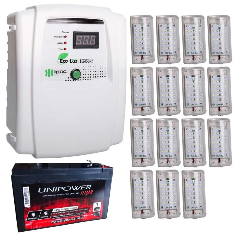 Kit Iluminação Emergência Central 15 Módulos Luz Led Bateria 12v 7ah