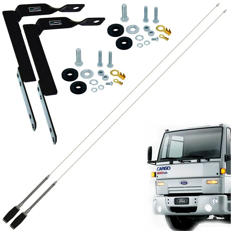 2 Antena Inox Px 1,40mts Alongador 15cm Suporte Dianteiro Frontal Ford Cargo Parafusos Anti-furto
