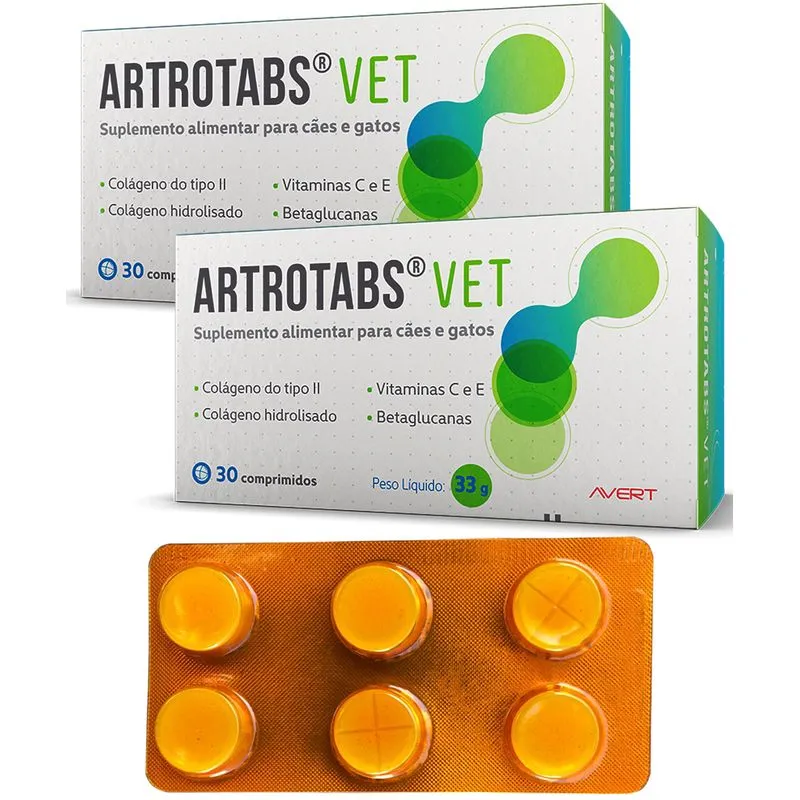 2 Suplemento Alimentar Vitaminas Colageno Artrotabs Vet 33g Caes Gatos 60 Comprimidos