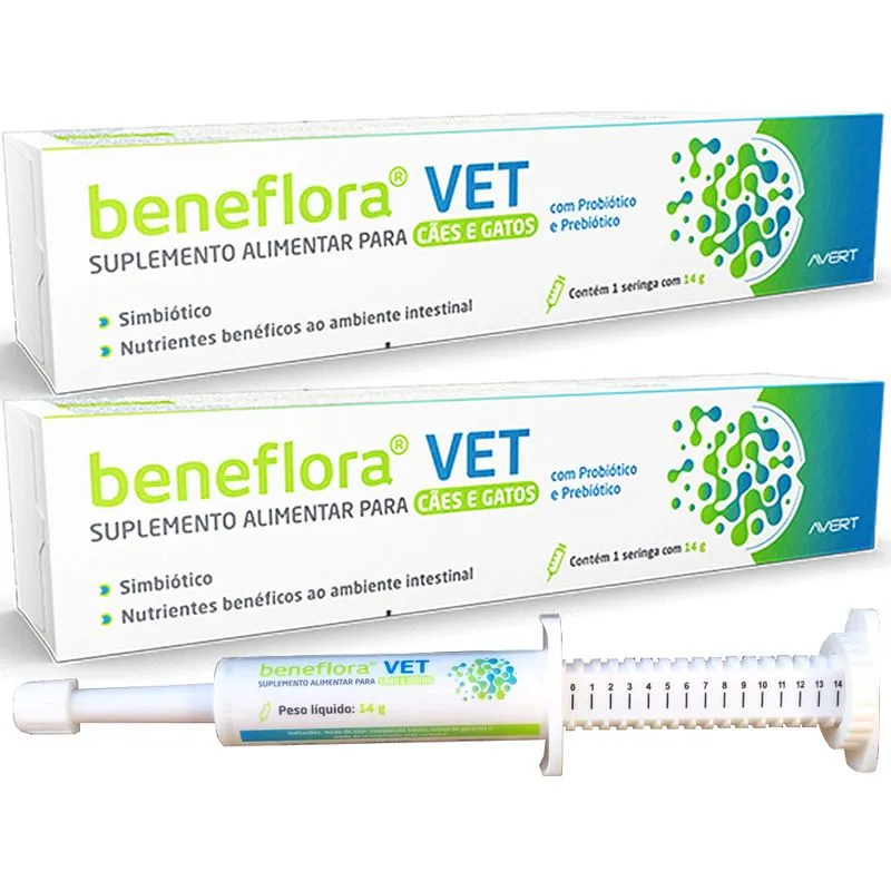 2 Suplemento Alimentar Beneflora Vet Seringa Caes Gatos Probiotico Prebiotico 14g Avert