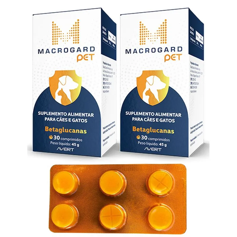 2 Macrogard Pet Caes Gatos Betaglucanas Com 30 Comprimidos 45g
