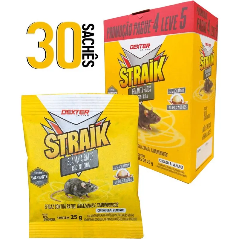 Isca Mata Ratos Roedores Ratazanas Camundongos 30 Sachês 25g Straik