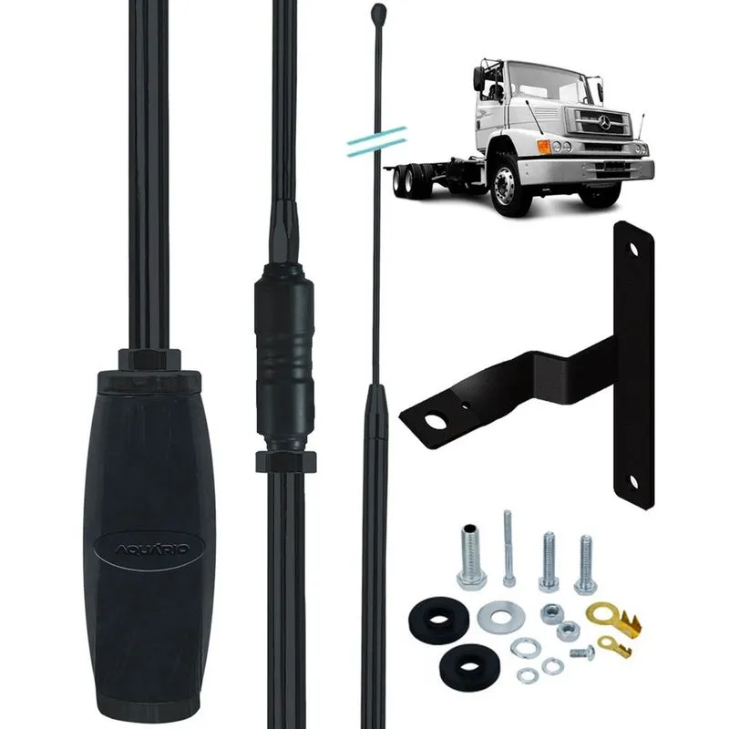 Antena Px Bobinada Black Argentina 1,70m Mb Bicudo Suporte Dianteiro Lado Motorista Parafusos