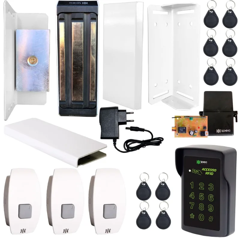 Fechadura Magnética Porta Vidro Blindex Teclado Rfid 10tags + 3 Botoeiras sem Fio Branca
