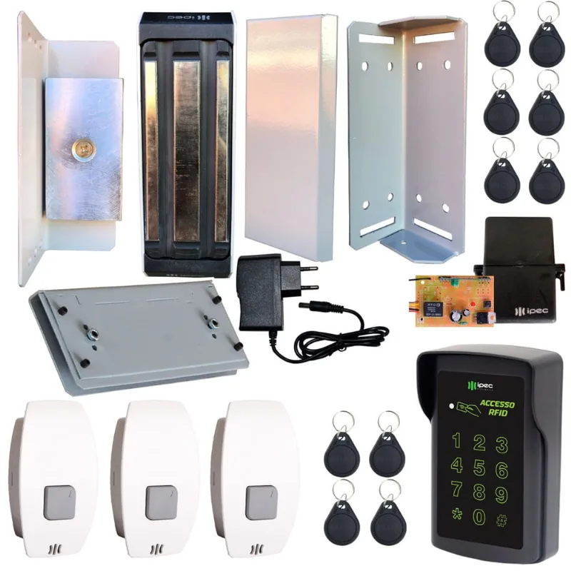 Fechadura Magnética Porta Vidro Blindex Teclado Rfid 10tags + 3 Botoeiras sem Fio Cinza