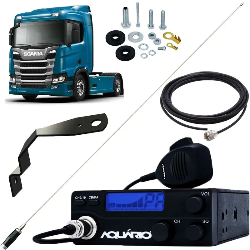Rádio Px Antena Mini Maria Mole Inox 1,40m Cabo 5,5m Suporte Carona Parabrisa Scania Parafusos