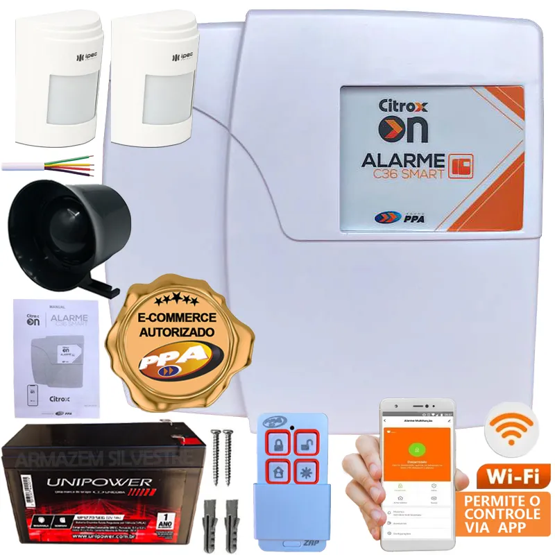 Central De Alarme C36 Smart Wifi App 30m Cabo 4 Vias Sirene Bateria Sensor Pet 20kg