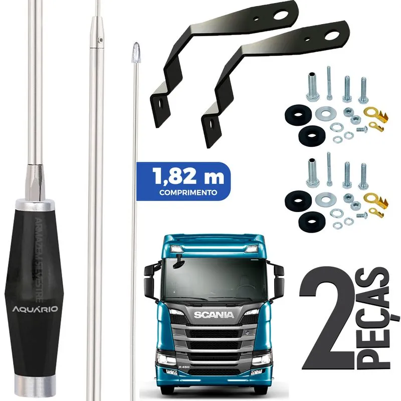 2 Antena Px Mini Maria Mole Inox 1,40m Alongador 40cm Suporte Dianteiro Parabrisa Scania Parafusos
