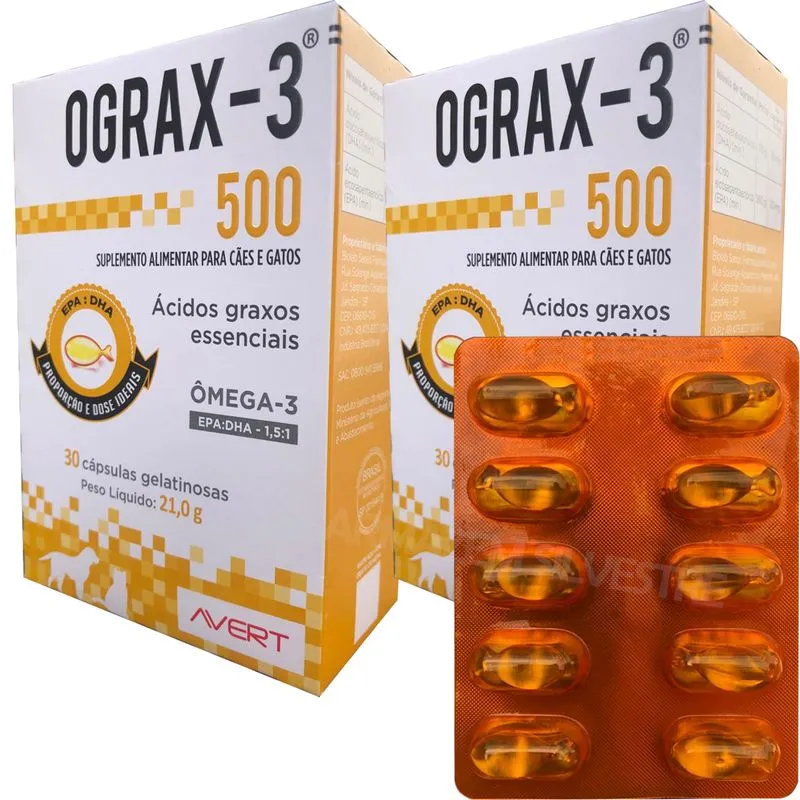 2 Suplemento Alimentar Ograx-3 500 Mg 60 Capsulas Omega 3 Epa Dha Caes Gatos Avert