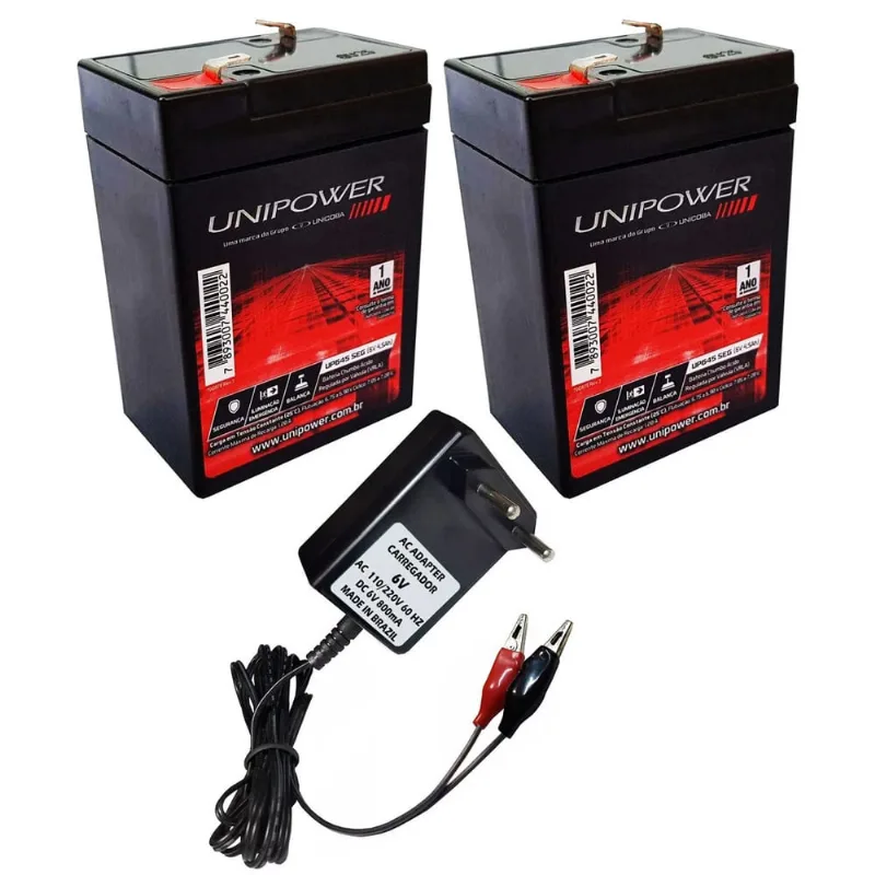 2 Bateria Recarregável Unipower 6v 4,5ah Carregador 6v 800mah Plug Garra Jacaré