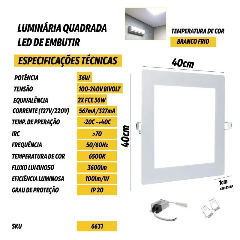Painel Led Luminária Led 36w 6500k Quadrado Embutir Branco