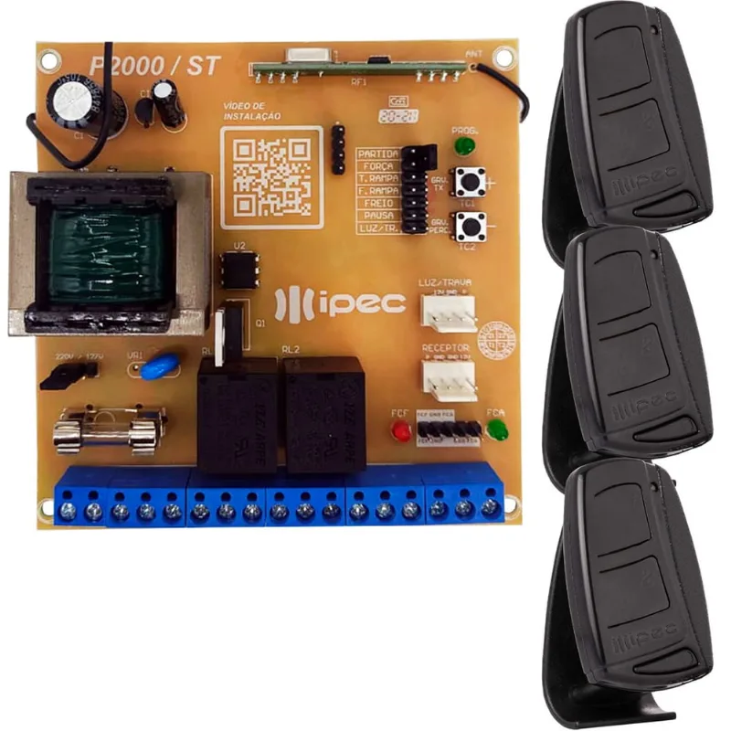 Central Placa Motor Portão Peccinin P2000 St + 3 Controles Tx Top 2 Canais