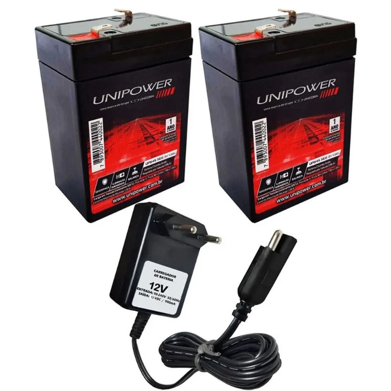2 Bateria Recarregável Unipower 6v 4,5ah + Carregador 12v 900mah Bandeirantes