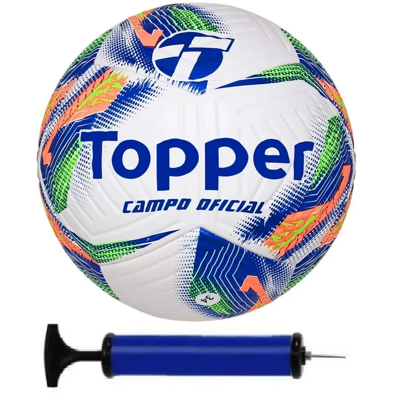 Bola Campo Topper Samba R2 + Bomba de Ar Branco / Azul