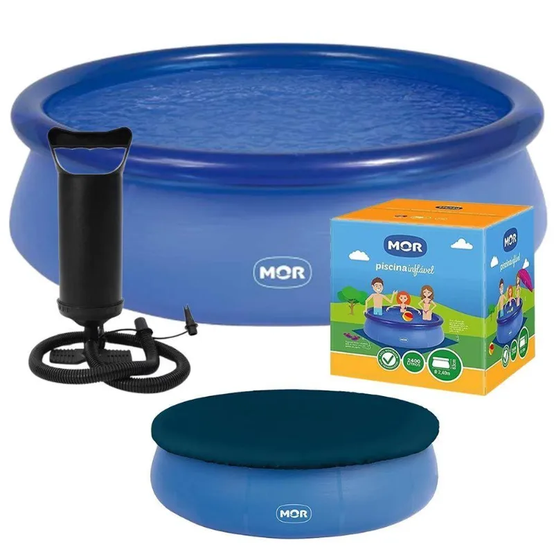 Piscina Inflável 2.400 Litros Circular 240cm Pvc Com Bomba Capa Azul Mor